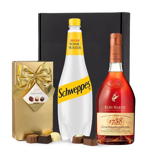 Remy Martin Fine Champagne Cognac 1738 70cl with Schweppes Tonic & Chocolates Gift Box | Spirit Mixer Set